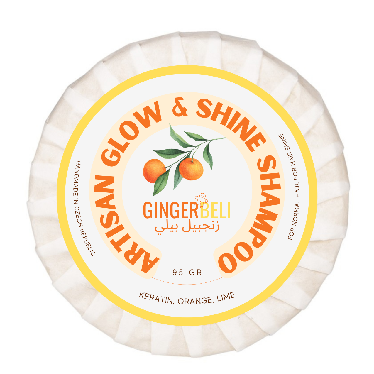 Gingerbeli ručně vyráběný Šampon pro Lesk & Vitalitu přírodní  | Keratin, pomeranč a limetka | 95 gr
